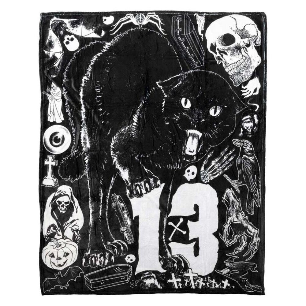 Black Cat 13 Skulls Throw Blanket Halloween Velvety Soft Plush 50"X60" NWT